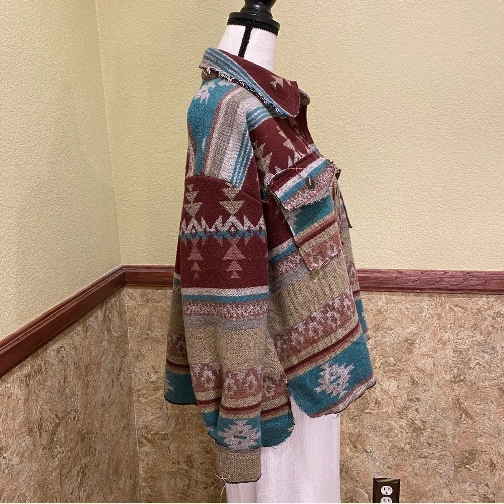 La Miel Size Small Aztec Shacket Western Shirt Jacket Frayed Hems Cowgirl